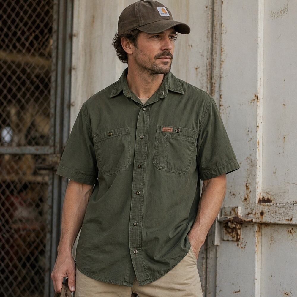 Carhartt Button Down Work Shirt Size M Green Rugged Loose Fit Cotton Utility